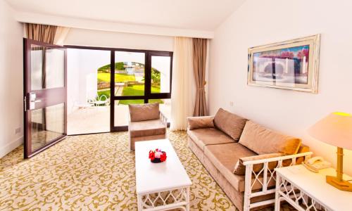 凯里尼亚橄榄树酒店的客厅配有沙发和桌子