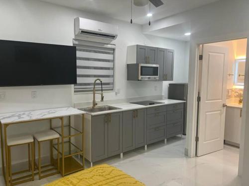 海里亚市Stunning Deluxe Studio的厨房配有水槽和炉灶 顶部烤箱