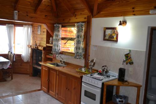 拉安戈斯图拉镇阿科尔曼山林小屋的厨房配有木制橱柜和炉灶烤箱。