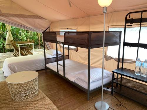 彭亨Canopy Villa Nuang Hill的一间帐篷内带两张双层床的卧室