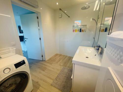 马斯梅赫伦Prachtig guesthouse met gratis parkeren的一间带洗衣机和水槽的浴室