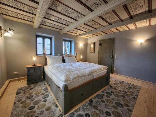 格拉außergewöhnliches, historisches, spätgotisches Wohnhaus von 1519, Gries 5的一间卧室设有一张大床和格子天花板