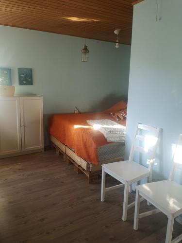 赫尔辛基Mummon saunamökki的一间卧室配有一张带橙色毯子和桌子的床