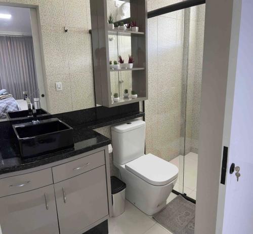 波梅罗迪Apartamento em Pomerode的浴室配有卫生间、盥洗盆和淋浴。