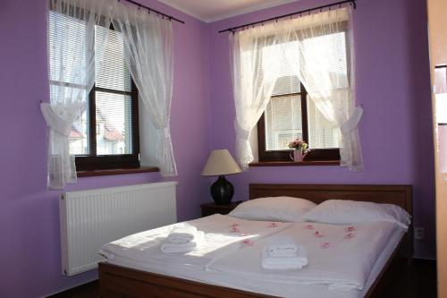 大洛西尼Penzion Fialka的一间带紫色墙壁的卧室和一张带两个窗户的床