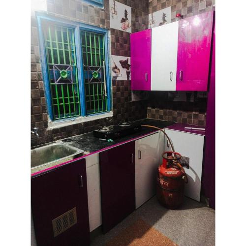 甘吉布勒姆Sai Homestay的厨房配有粉色和蓝色的橱柜和水槽