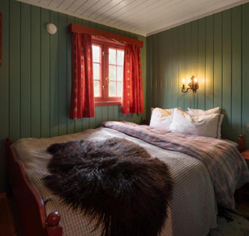 耶卢Vestlia Ski的一间卧室设有一张带绿色墙壁和窗户的床。