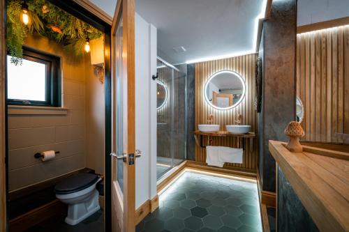温德米尔Queen's Loft的带淋浴、卫生间和盥洗盆的浴室