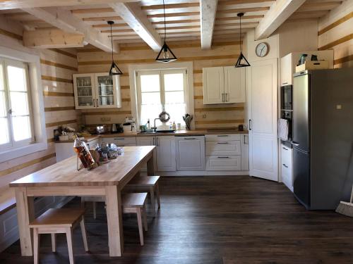 多尔尼莫拉瓦Roubenka ARCHA的厨房配有木桌和冰箱。