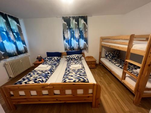 蒂蒂湖-新城Ferienhaus Frei 3 Budget的一间卧室设有两张双层床和梯子