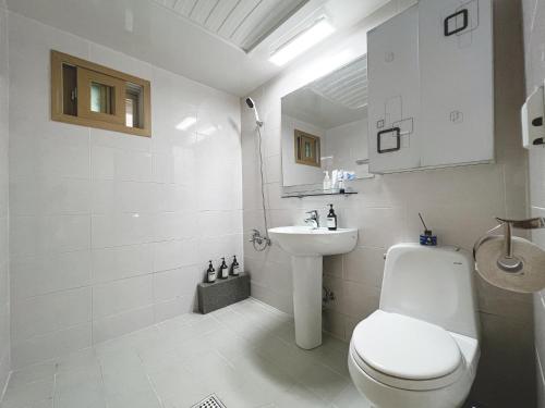 首尔Modern K-style House的白色的浴室设有卫生间和水槽。