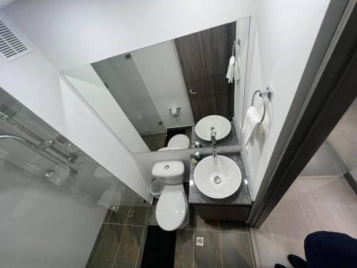 波哥大Aparta estudio central con ascensor 403的一间带卫生间、水槽和镜子的浴室