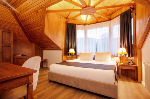 特拉布宗Zanike hotel的一间带一张大床的卧室,位于一个拥有木制天花板的房间