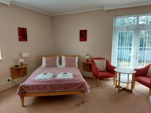 诺丁汉Cripps Annexe的一间卧室配有一张大床和两把椅子