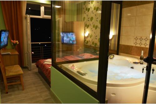 斯维什托夫Live Inn Bulgaria town Svishtov的带浴缸的浴室和1间带1张床的卧室