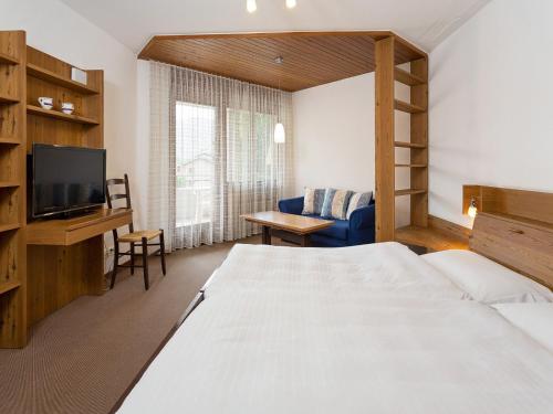 MassagnoApartment Resort al Centro-1 by Interhome的一间卧室配有一张床、一台电视和一张沙发