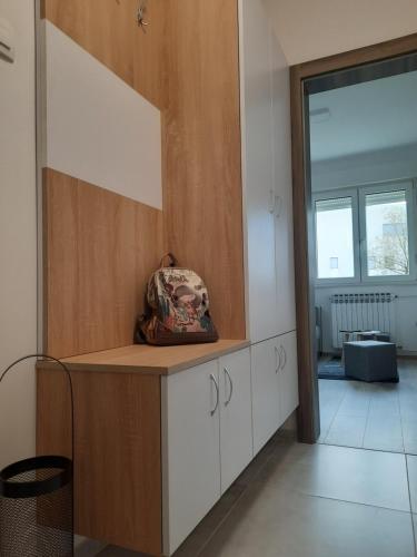 大戈里察Apartman Ines的厨房配有白色橱柜和大镜子