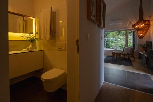 七城七城湖山林小屋的一间带卫生间、水槽和窗户的浴室