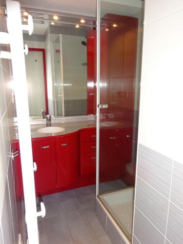 勒利然BIENVENUE AU LIORAN的一间带红色橱柜和玻璃淋浴间的浴室