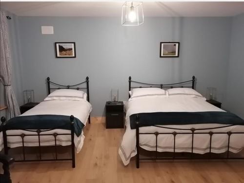 凯尔斯Loughcrew View Bed and Breakfast的配有白色墙壁和木地板的客房内的两张床