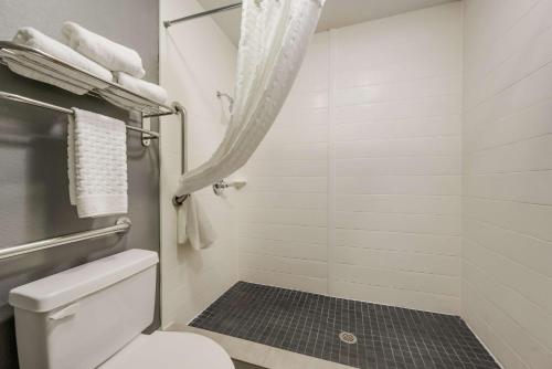 迪尔帕克SureStay Hotel by Best Western Deer Park的浴室设有卫生间和带毛巾的淋浴。