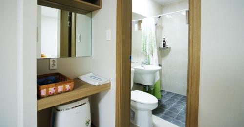 济州市格特瓦古诺瑞姆度假屋的一间带卫生间和水槽的小浴室