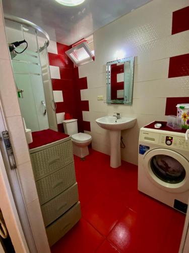 巴统Family Home的红色和白色的浴室设有水槽和洗衣机。