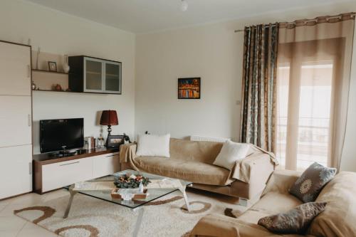 特里卡拉DimSim Home-Σπίτι με όνομα的带沙发和咖啡桌的客厅