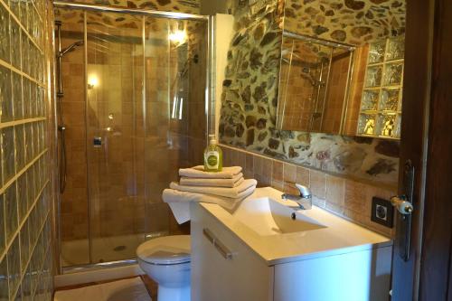 Aldeanueva de la SierraLos Monteros Sierra de Francia的带淋浴、盥洗盆和卫生间的浴室
