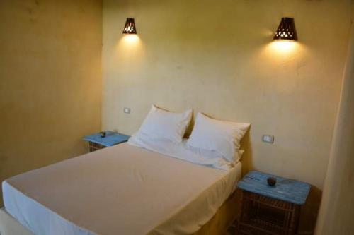 Tunisمنتجع تونس فاير- Tunis Fire Resort的卧室配有白色床,墙上有两盏灯
