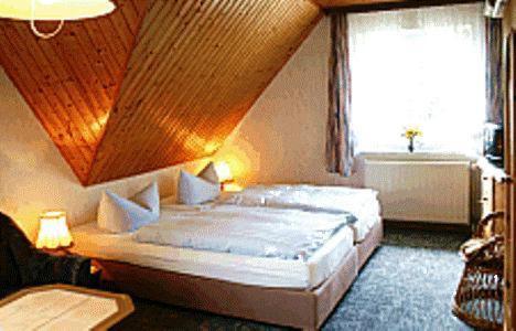 加格尔弗勒利希潘森酒店的一间卧室设有一张大床和一个窗户。
