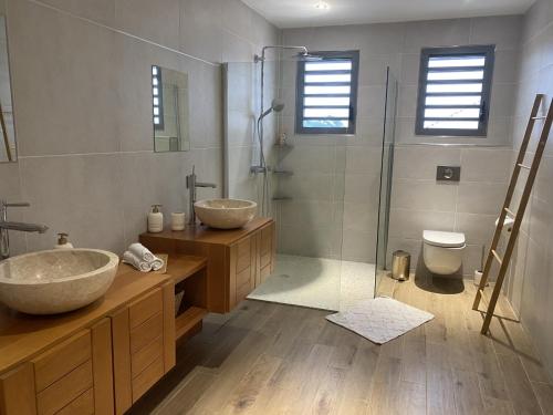 萨莱比梅VILLA ELA - Jolie villa avec piscine chauffée et jacuzzi的一间带两个盥洗盆和淋浴的浴室