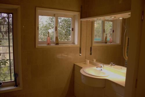 贡多马尔Cork Tree Villa的一间带水槽的浴室和两个窗户
