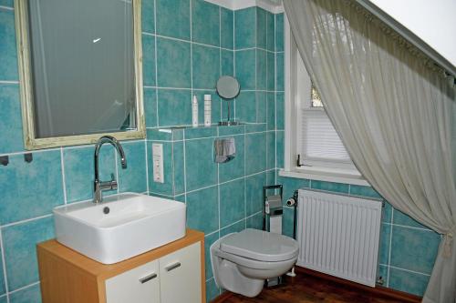 卑尔根Reetdachfachwerkvilla am Wiesengrund的一间带水槽和卫生间的浴室