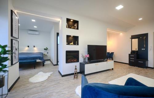 塔塔班亚Monos Apartman的客厅设有一张床和一个壁炉