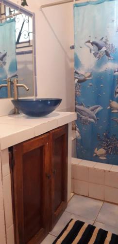 安东尼奥港Drapers San Guest House的浴室设有水槽和带海豚的浴帘。