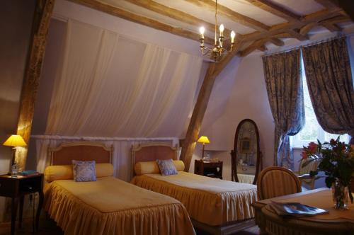 圣萨蒂南德玛内卡特纳酒店 - 勒芒的一间卧室配有两张床和吊灯。