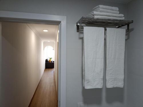 阿雷西费BL Holidays的浴室内带白色毛巾架的走廊