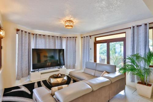 Tortola IslandCheerful 3 -bedroom villa with Pool的带沙发和平面电视的客厅