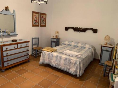 CarchelejoEL CONVENTO Vivienda Rural Jaén Andalucía España的一间卧室配有一张床、梳妆台和镜子