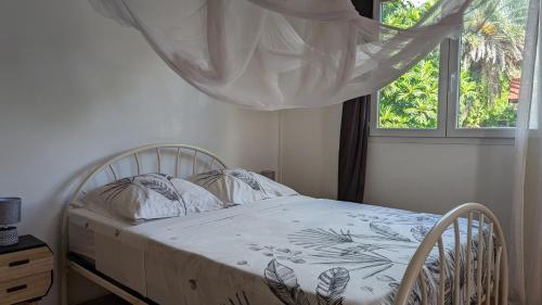 波尔兰特Malendure Bay Appartements的一间卧室配有一张带天蓬和窗户的床