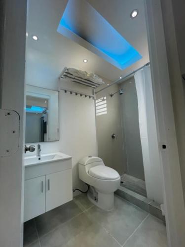 圣胡安1058 Modern Apt 7的一间带卫生间和蓝色天花板的浴室