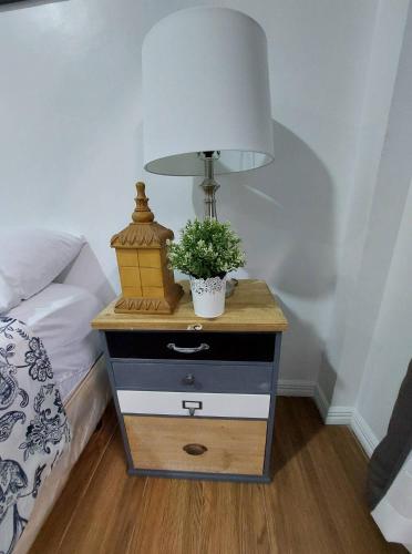 安吉利斯Regal425 Condotel的床头柜,上面有灯和植物