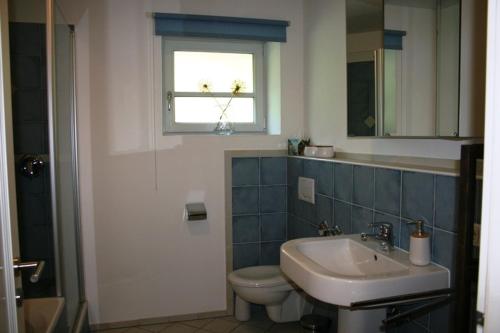 基姆湖畔普林Ferienwohnung am Herrnberg的一间带水槽和卫生间的浴室以及窗户。
