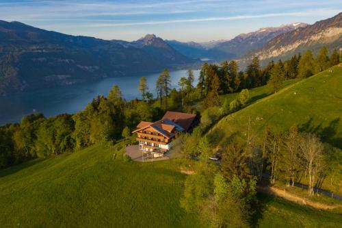 阿峙奇Auszeit-Hotel Z Aeschiried的享有高山上房屋的空中美景和湖景