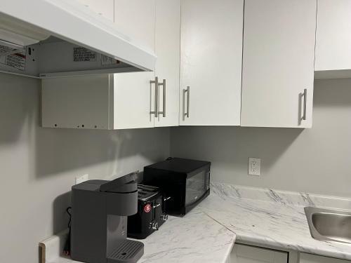 温尼伯Cozy Modern and Lavish 1 Bedroom Basement Suite的厨房配有白色橱柜和黑微波炉