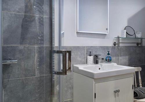 ShotteryThe Snug Entire home Sleeps 2, Stratford upon Avon的浴室配有白色水槽和淋浴。