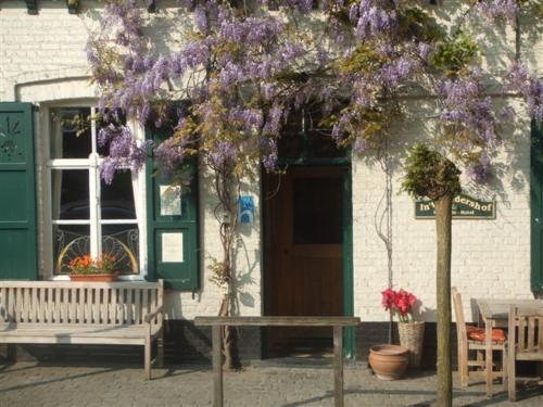 杜尔勒博德斯霍夫酒店的一座带长凳和紫色花卉树的建筑