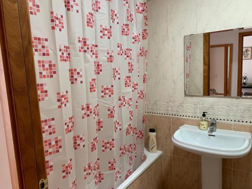 罗列特海岸Apartamentos OlaMar的一间带水槽和淋浴帘的浴室