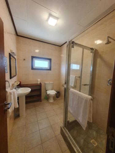 拉迪格岛通行度假别墅度假屋的带淋浴、盥洗盆和卫生间的浴室